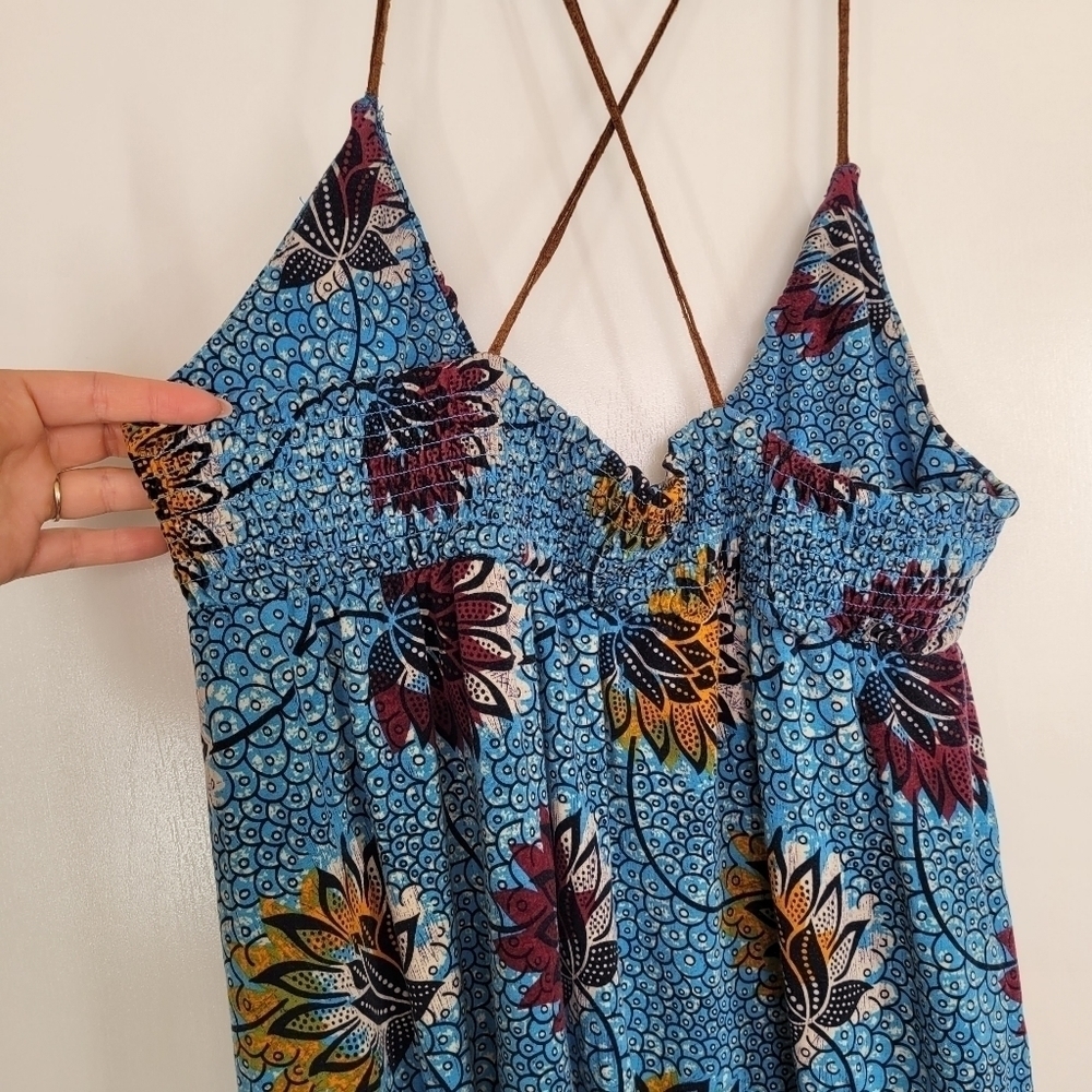 Rare Free People Lotus Print Blue Dress Large Floral Beach Boho Strappy Light - Picture 6 of 14